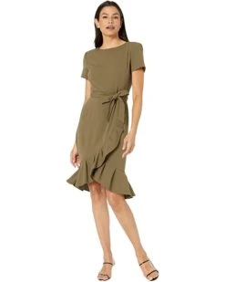 Calvin Klein Short Sleeve Scuba Crepe Dress with Ruffle and Waist Tie | Dresses
