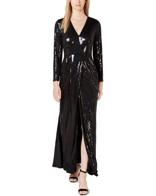 Calvin Klein Women's Long Sleeve Sequin Gown with Cross Front V Neckline | Dresses -Calvin Klein Sales 2024 61I0ljGACxL. AC SR736920