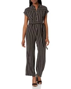 Calvin Klein Women's Petite Short Sleeve Button Front Jumpsuit with Self Belt | Jumpsuits & Rompers