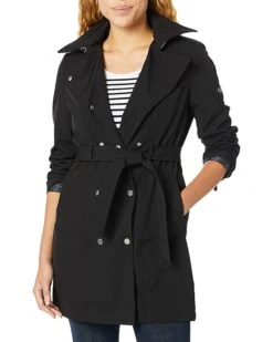 Calvin Klein Women's Double Breasted Belted Rain Jacket with Removable Hood | Coats & Outerwear